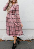 Pink Plaid Draped Long Sleeve Fashion Midi Dress