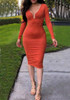 Orange Long Sleeve Deep V-neck Elegant Bodycon Banquet Party Midi Dress