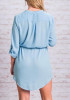 Light Blue Irregular Pockets Drawstring V-neck Single Breasted Long Sleeve Casual Mini Dress