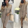 Khaki Zipper Studded Cut Out Long Sleeve Fashion Midi Dress