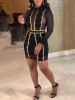 Black Patchwork Grenadine Lace-up Sheer Bodycon Long Sleeve Party Clubwaer Mini Dress