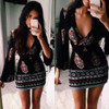 Casual Black Floral Print V-neck Long Sleeve Fashion Mini Dress