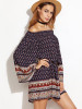 Retro Fashion Floral-Print Off-Shoulder Long Sleeve Plus Loose Mini Dress