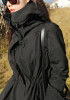New Black Pockets Drawstring Zipper Hooded Long Sleeve Trench Coat