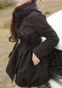 New Black Pockets Drawstring Zipper Hooded Long Sleeve Trench Coat