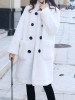 New White Fur Pockets Double Breasted Band Collar Long Sleeve Casual Coat