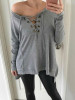 New Grey Drawstring Round Neck Long Sleeve Fashion T-Shirt