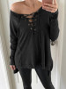 New Black Drawstring Round Neck Long Sleeve Fashion T-Shirt