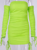 New Green Drawstring Cascading Ruffle Boat Neck Long Sleeve Casual Mini Dress
