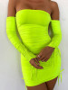 New Green Drawstring Cascading Ruffle Boat Neck Long Sleeve Casual Mini Dress
