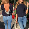 New Black Plain Backless Long Sleeve Going out Casual T-Shirt