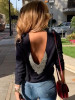 New Black Plain Backless Long Sleeve Going out Casual T-Shirt