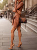 New Khaki Bow Round Neck Long Sleeve Fashion Mini Dress