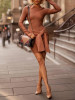 New Khaki Bow Round Neck Long Sleeve Fashion Mini Dress