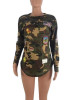 New Army Green Camouflage Cartoon Embroidery Long Sleeve Casual T-Shirt