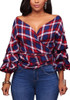 New Red-Blue Plaid Print Off Shoulder Backless Lace-Up Long Sleeve T-Shirt