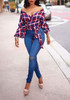 New Red-Blue Plaid Print Off Shoulder Backless Lace-Up Long Sleeve T-Shirt