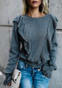 New Grey Plain Cascading Ruffle Round Neck Long Sleeve Casual T-Shirt