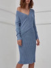 New Blue Irregular V-neck Long Sleeve Casual Midi Dress