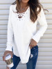 New White Drawstring V-neck Long Sleeve Fashion T-Shirt