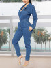New Blue Buttons Pockets Bodycon Denim Casual Long Sleeve High Waisted Long Jumpsuit Pant