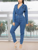 New Blue Buttons Pockets Bodycon Denim Casual Long Sleeve High Waisted Long Jumpsuit Pant