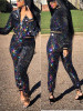 Black Patchwork Sequin Zipper Long Sleeve Two Piece Sparkly High Waisted Party Long Jumpsuit