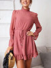 New Pink Drawstring Ruffle Long Sleeve Casual Mini Dress