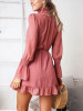 New Pink Drawstring Ruffle Long Sleeve Casual Mini Dress