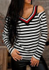 New Black White Striped Cut Out V-neck Long Sleeve Casual T-Shirt