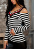 New Black White Striped Cut Out V-neck Long Sleeve Casual T-Shirt