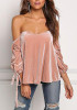 New Pink Drawstring Ruffle Boat Neck Long Sleeve Fashion Blouse