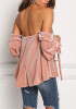 New Pink Drawstring Ruffle Boat Neck Long Sleeve Fashion Blouse