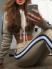 New Apricot Striped Print Drawstring Long Sleeve High Waisted Casual Long Jumpsuit