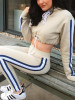 New Apricot Striped Print Drawstring Long Sleeve High Waisted Casual Long Jumpsuit