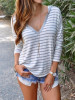 New White-Grey Striped Print Irregular Double Slit Long Sleeve V-neck Casual Fashion Hooded T-Shirt