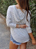 New White-Grey Striped Print Irregular Double Slit Long Sleeve V-neck Casual Fashion Hooded T-Shirt