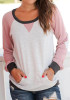 New Pink Patchwork Print Pockets Round Neck Long Sleeve Casual T-Shirt