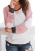 New Pink Patchwork Print Pockets Round Neck Long Sleeve Casual T-Shirt