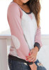 New Pink Patchwork Print Pockets Round Neck Long Sleeve Casual T-Shirt