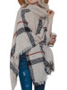 New White Plaid Print Irregular Tassel High Neck Cape Pullover Sweater