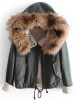 New Army Green Patchwork Pockets Drawstring Zipper Faux Fur Hooded Coat
