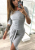 Grey Irregular Round Neck High-Low Long Sleeve Casual Maxi Dress