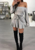 Grey Drawstring Ruffle Boat Neck Long Sleeve Mini Dress