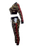 Green Camouflage Crop Pockets Drawstring Two Piece Long Sleeve Casual Long Jumpsuit