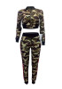 Green Camouflage Crop Pockets Drawstring Two Piece Long Sleeve Casual Long Jumpsuit