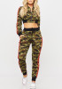 Green Camouflage Crop Pockets Drawstring Two Piece Long Sleeve Casual Long Jumpsuit