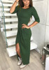 Dark Green Irregular Round Neck High-Low Long Sleeve Casual Maxi Dress