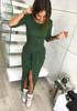 Dark Green Irregular Round Neck High-Low Long Sleeve Casual Maxi Dress