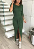 Dark Green Irregular Round Neck High-Low Long Sleeve Casual Maxi Dress